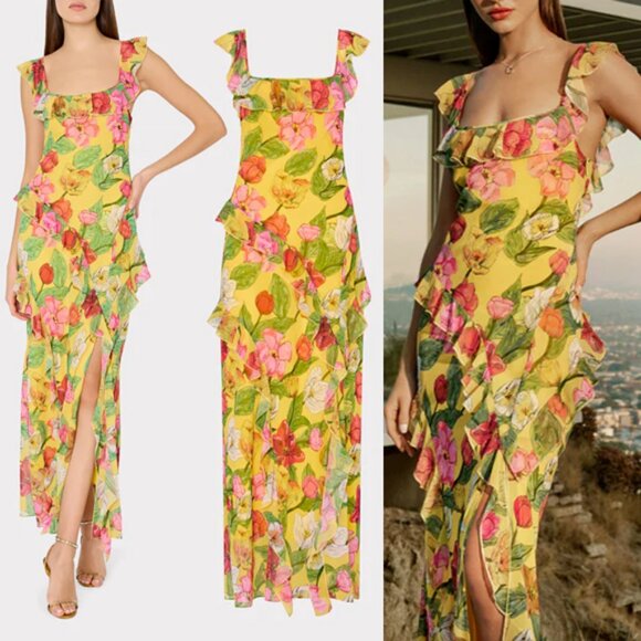 Milly Tulip Rosette Ruffle Maxi Dress Size 6 Yellow Multi Like New $525 Romantic - Picture 1 of 16